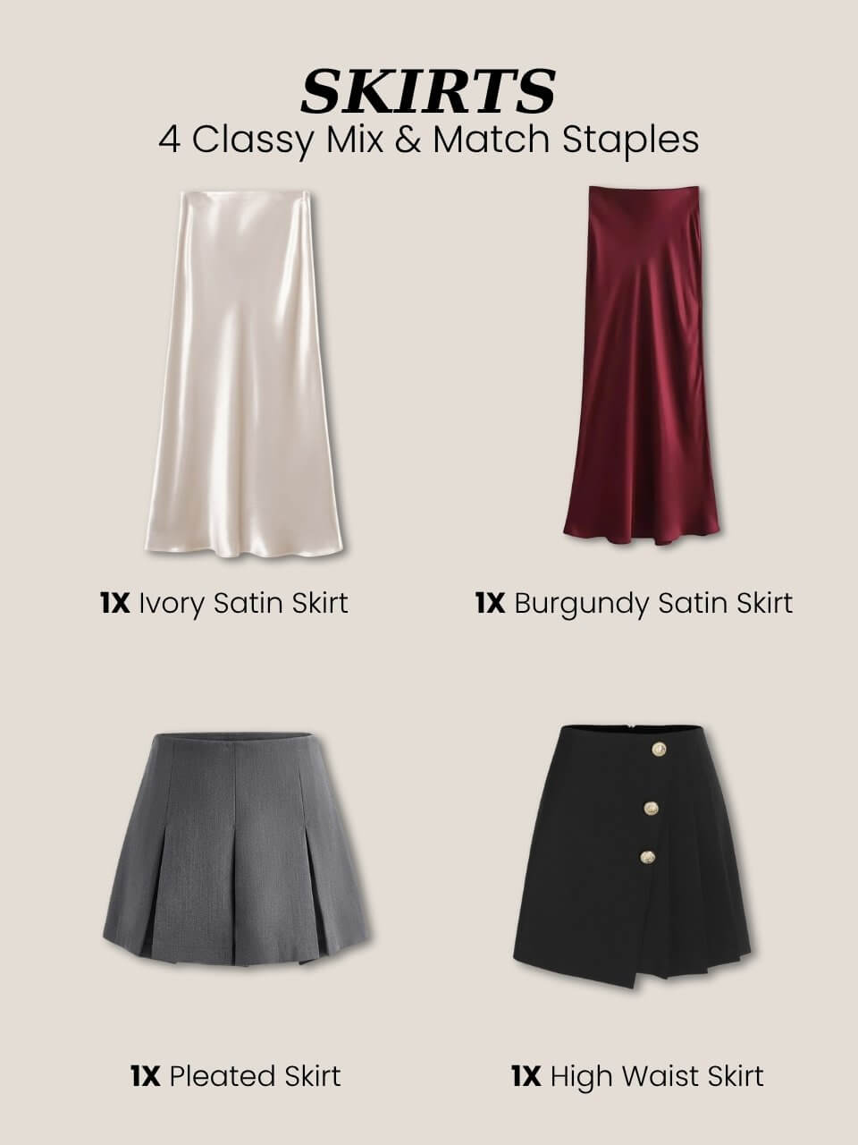 Classy fall skirts including satin, pleated, and high waist options in ivory, burgundy, and black