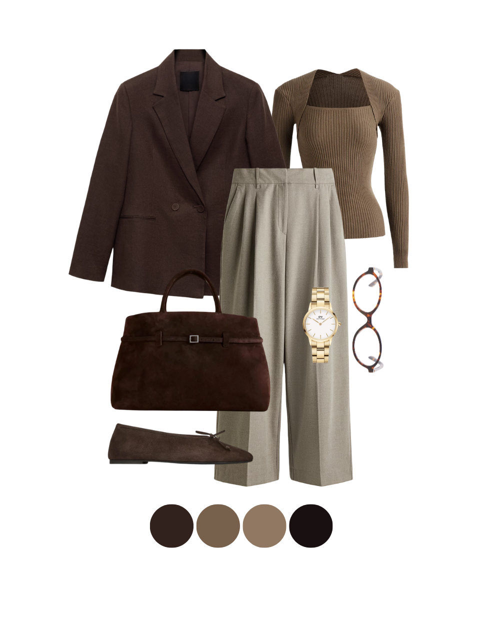 Earthy chic outfit with dark brown blazer, taupe knit top, and light beige trousers for classy fall 2025