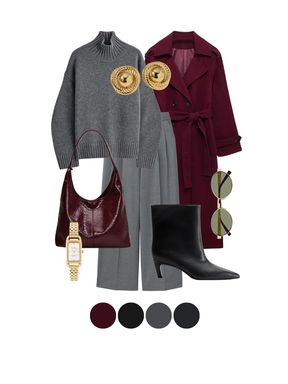 Elegant fall outfit with burgundy trench coat, gray sweater and trousers, styled with gold jewelry – Fall 2025