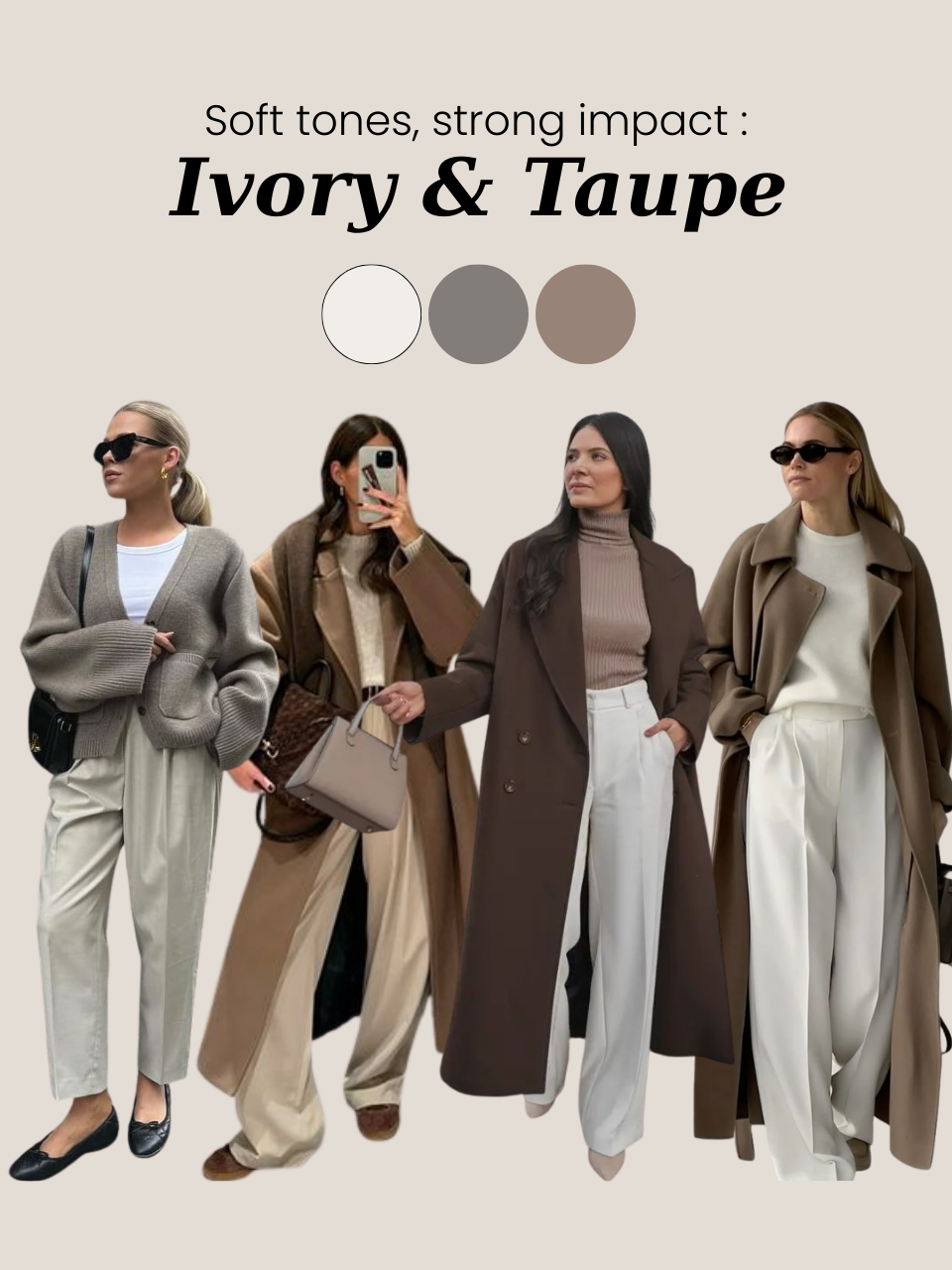 Minimalist outfit with ivory trousers and taupe knitwear, perfect for timeless fashion lovers.