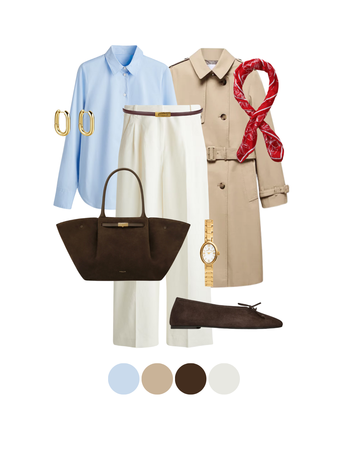 Affordable quiet luxury outfit with trench coat and blue shirt – how to look expensive on a budget