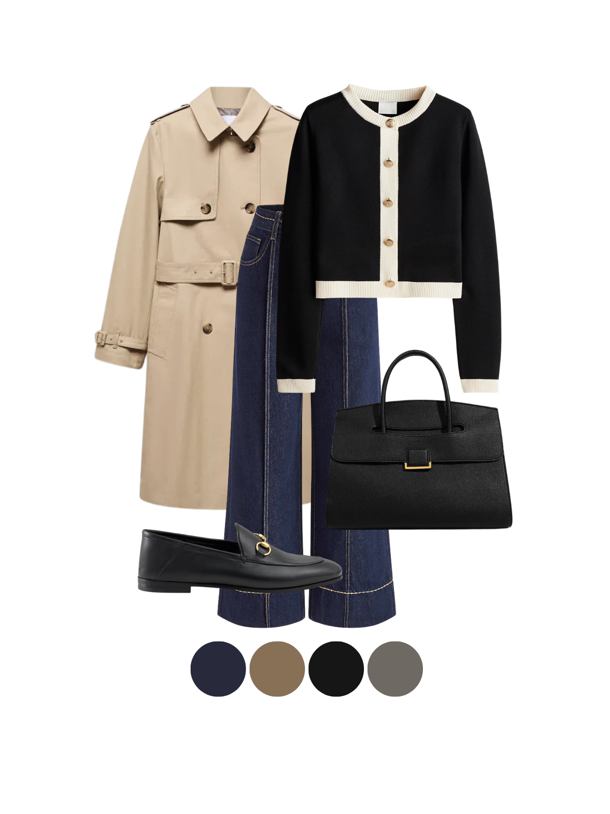 Look expensive on a budget with this Parisian-inspired outfit of loafers, cardigan, and trench
