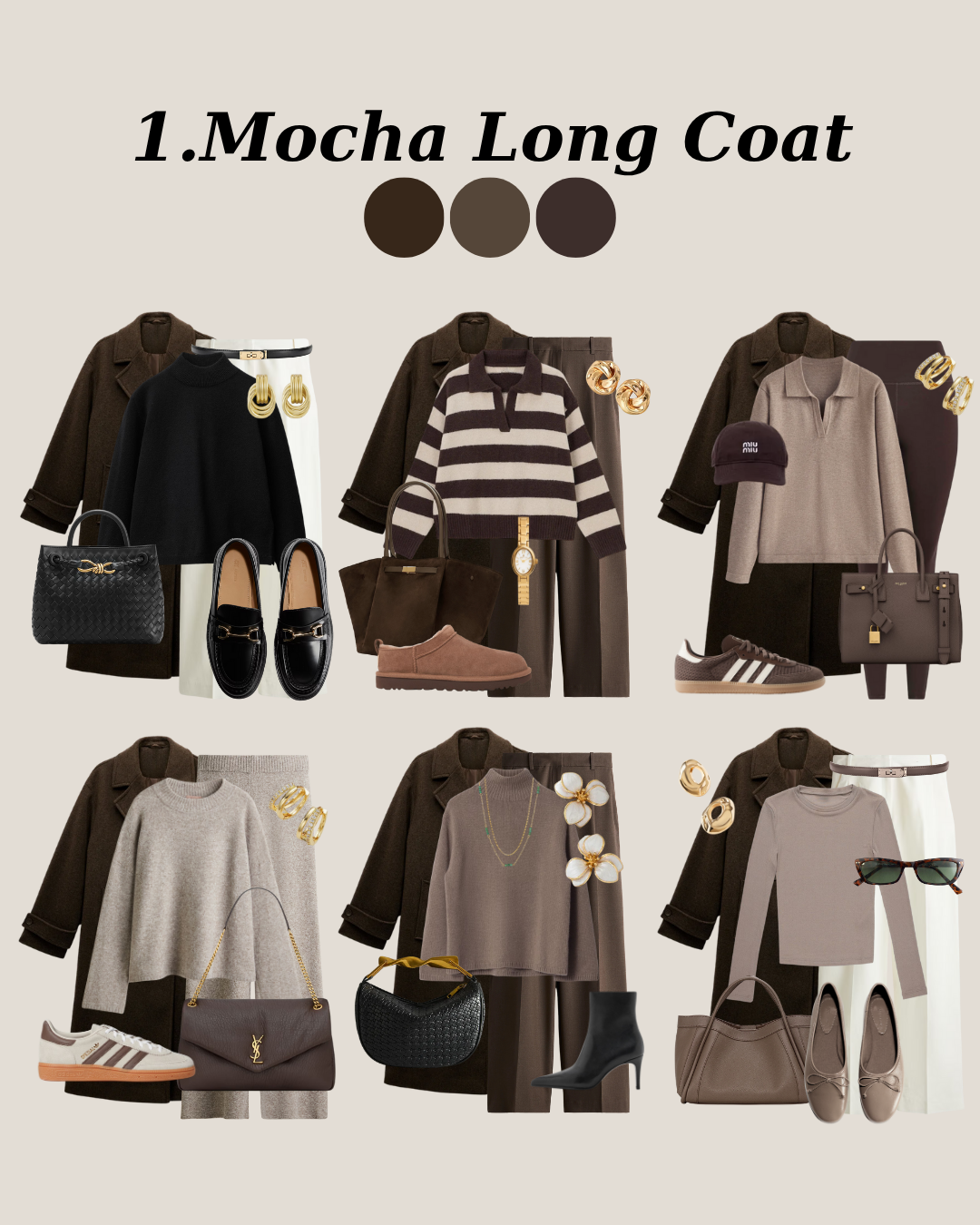 Six classy outfits styled with a mocha long coat and neutral basics like loafers, sneakers, turtlenecks, and wide-leg pants for an elevated capsule wardrobe