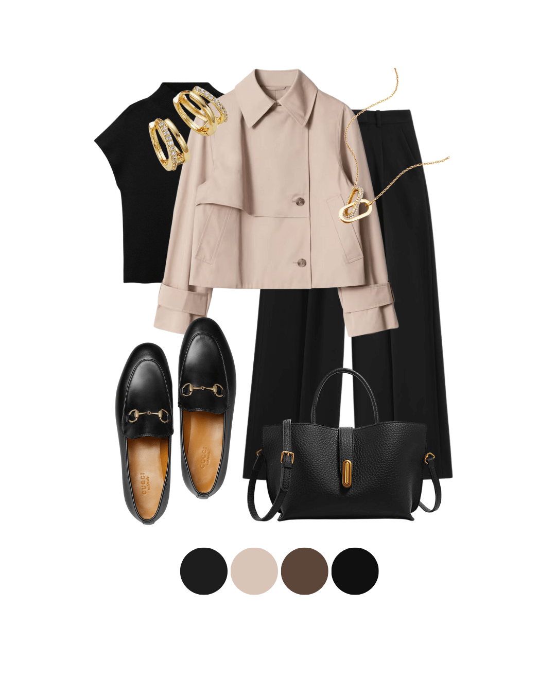 Smart and polished Old Money Outfit featuring tailored black pants, a beige cropped trench, and iconic black loafers. Ideal for a preppy-modern transitional look.