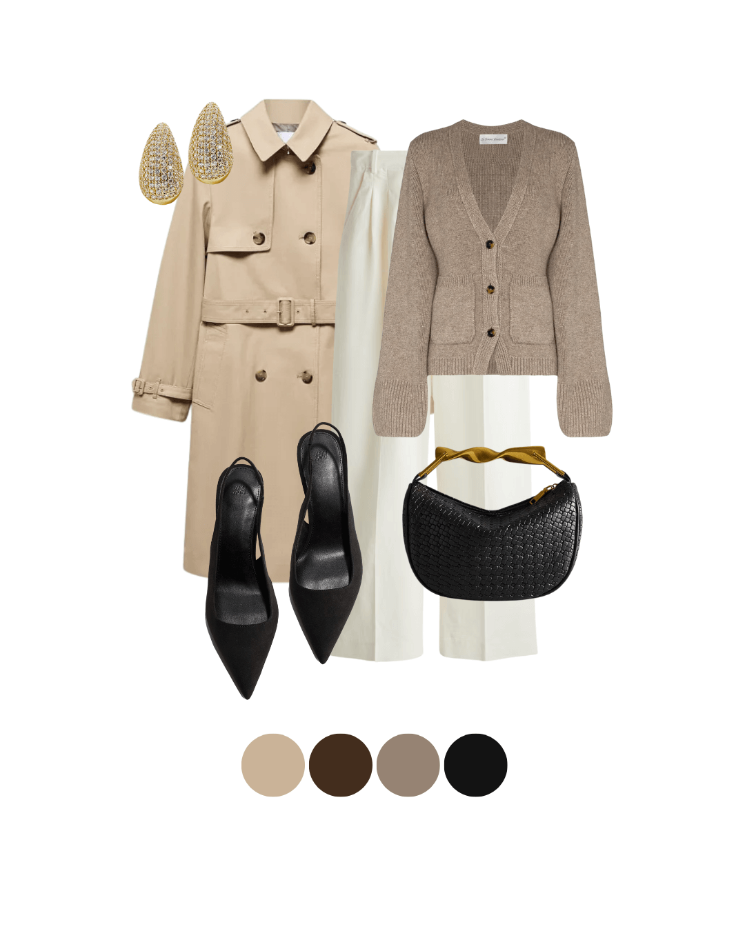 Refined Old Money style outfit layered with a beige trench coat, soft cashmere cardigan, ivory trousers, and pointed heels. Perfectly timeless and versatile for fall.