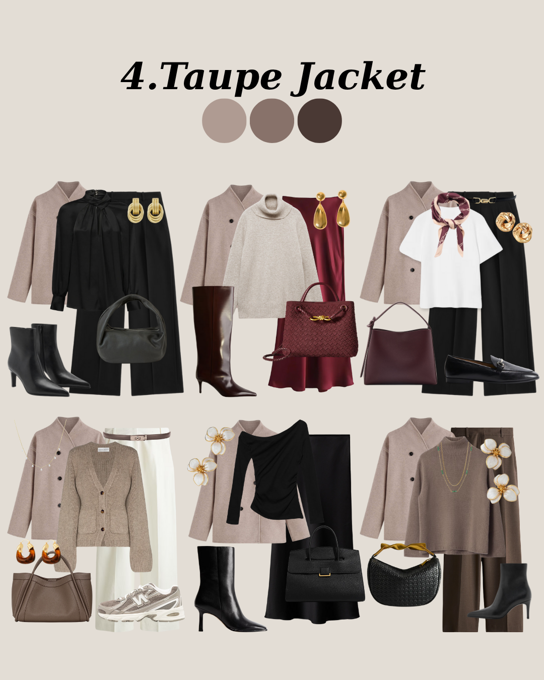 Versatile taupe jacket paired with long skirts, satin pants, cardigans, and heels in six different classy outfits from wardrobe basics