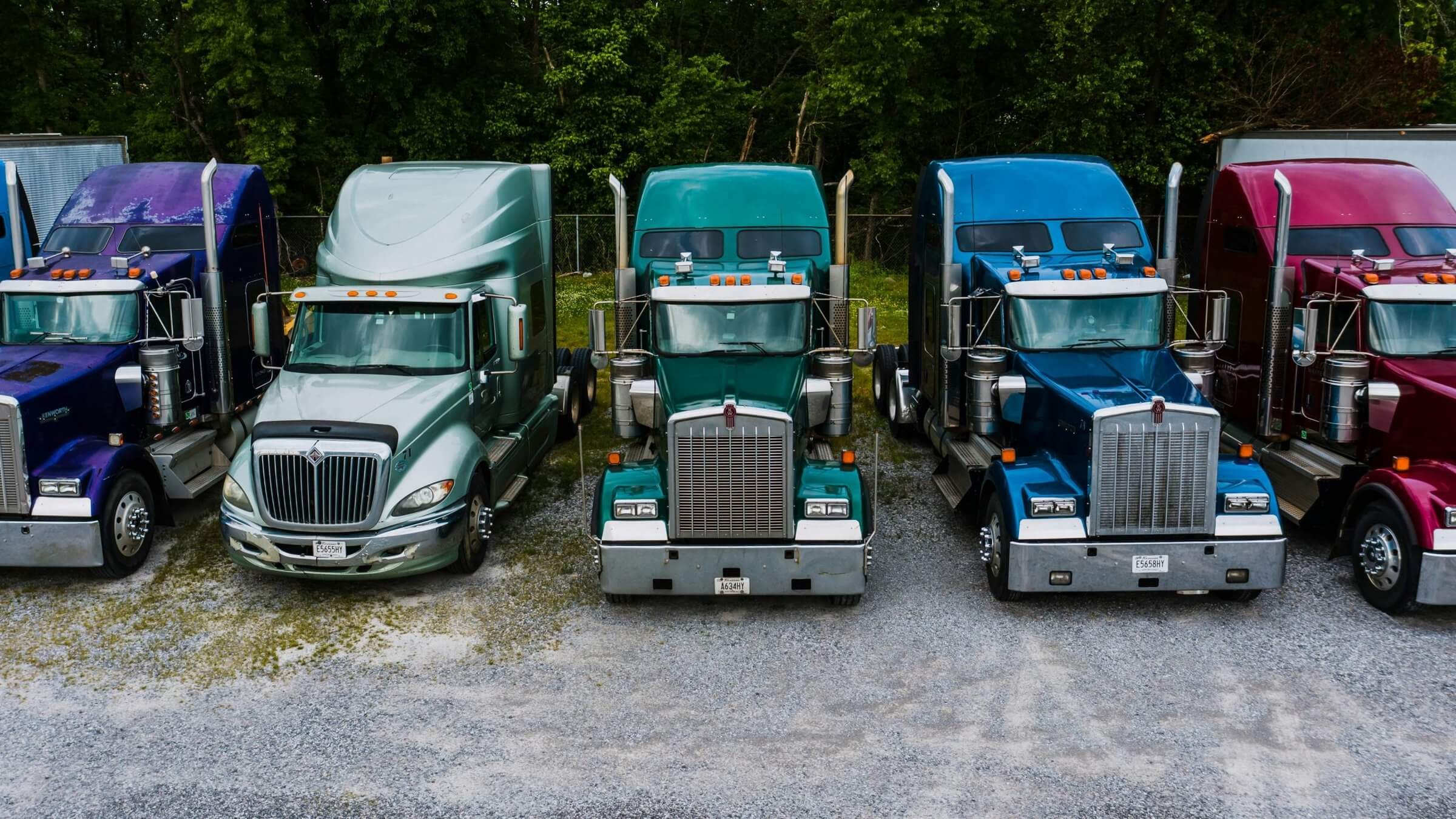 Line up of multi-colored trucks parked along a patch of grass.