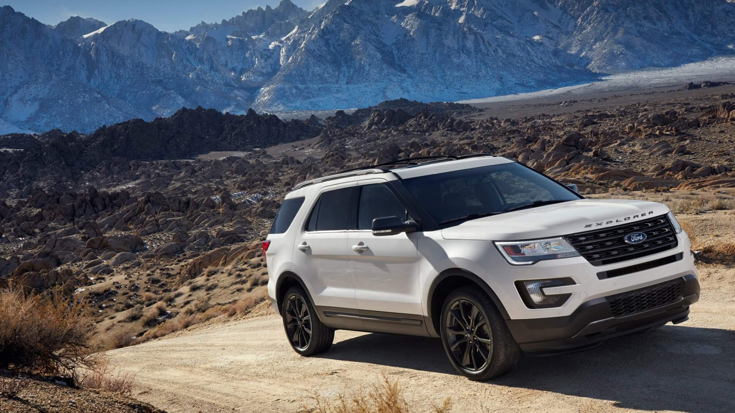 White Ford Explorer towing capacity (tow rating) is at 5000 to 5600 pounds conventional towing capacity, with terrain management system and seven selectable drive modes.
