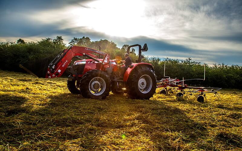 MF 4708 model picking grass for hay and forage in a field.