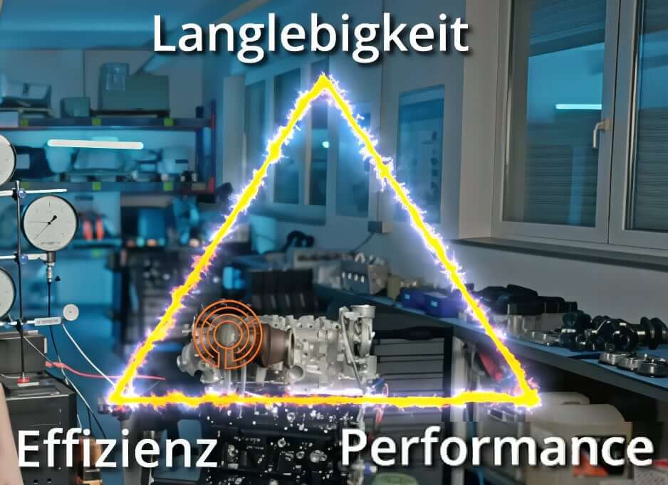 Downsizing Motoren - Bild zeigt Dreieck mit den Schlagwörtern "Langlebigkeit", "Effizienz" und "Performance""