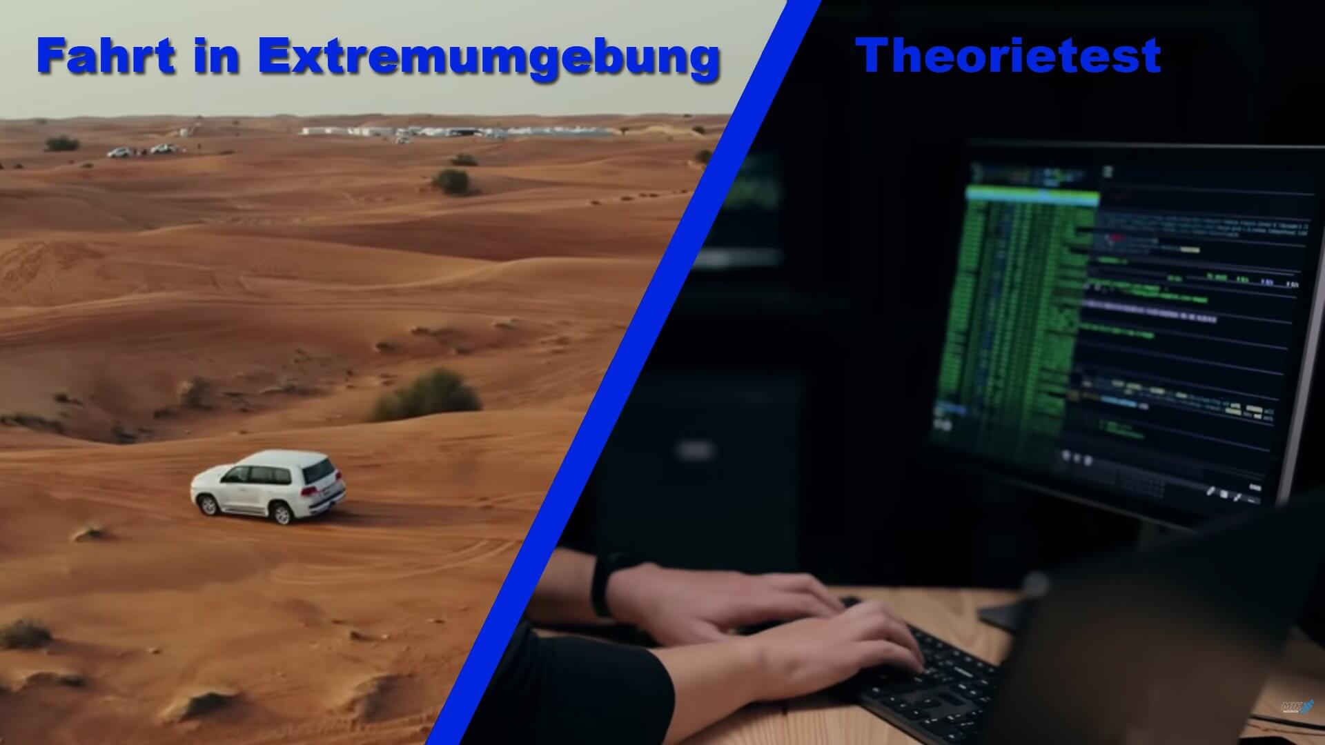 Links ein Auto auf einer Probefahrt durch die Wüste, rechts ein Computer mit Hände, die auf eine Tastatur tippen