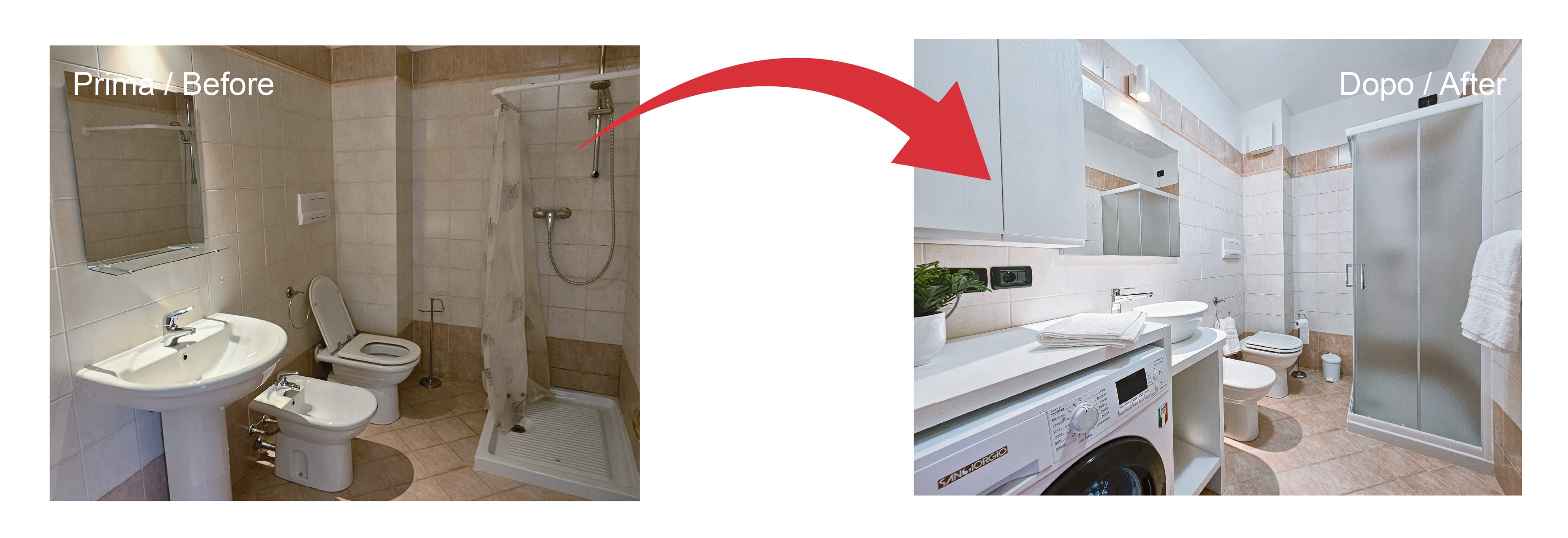 Bagno di Altavista prima e dopo, con nuova doccia e mobile lavatrice