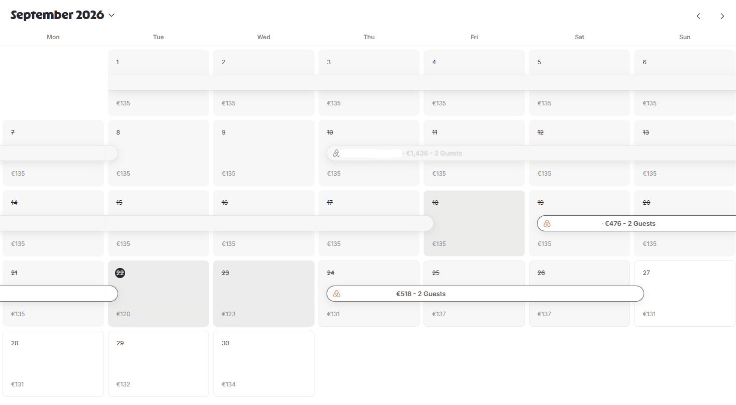 Calendario prenotazioni di settembre di Altavista nel gestionale Lodgify