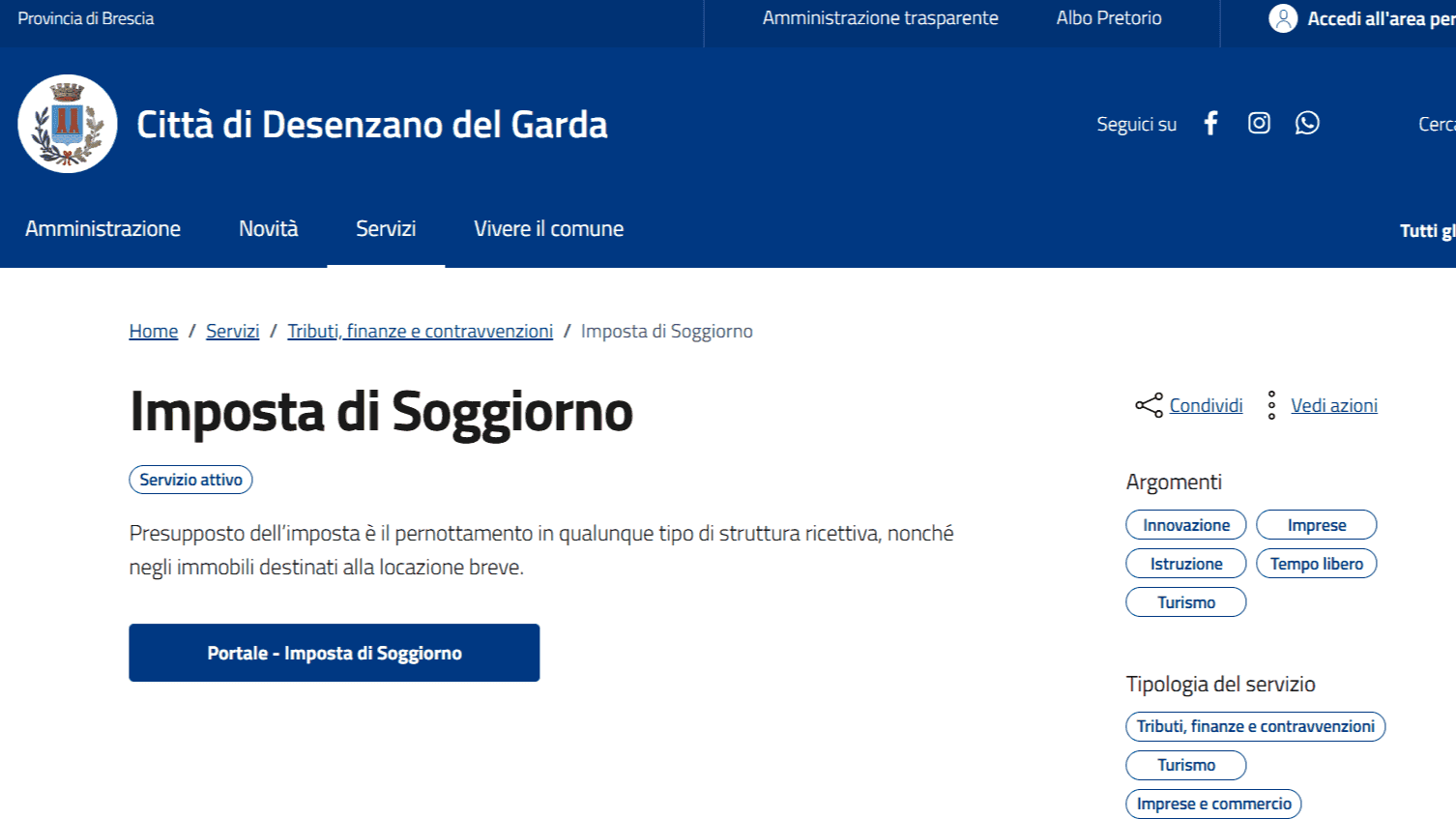 Seite zur Kurtaxe auf der Website der Gemeinde Desenzano del Garda