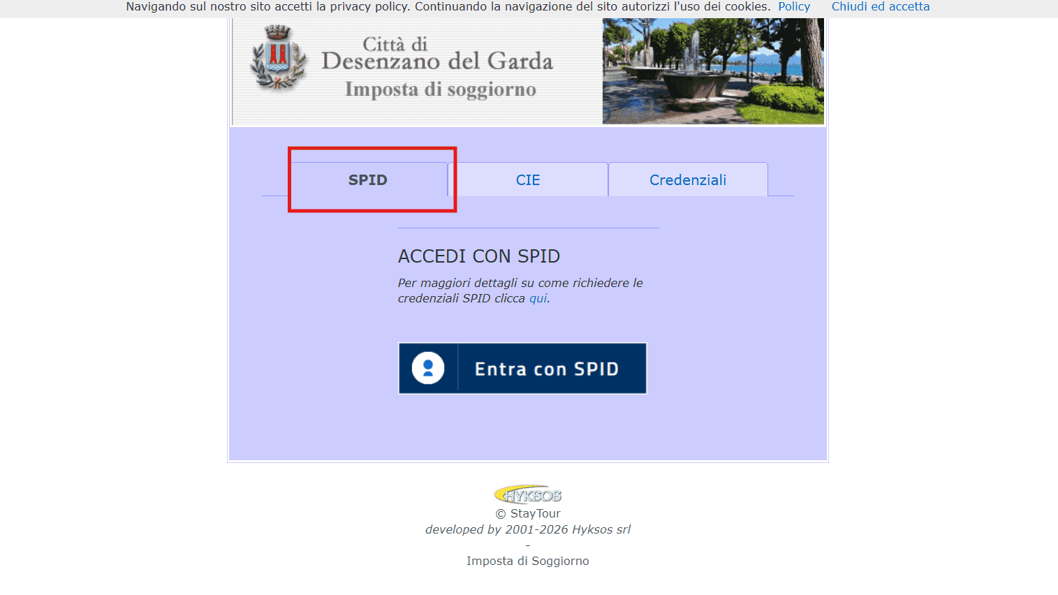 Anmeldeoptionen im Portal: SPID, CIE oder Zugangsdaten