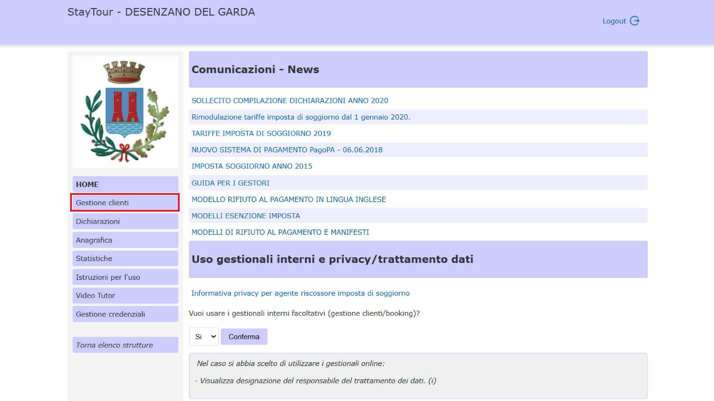 Menüpunkt Gestione clienti im Portal