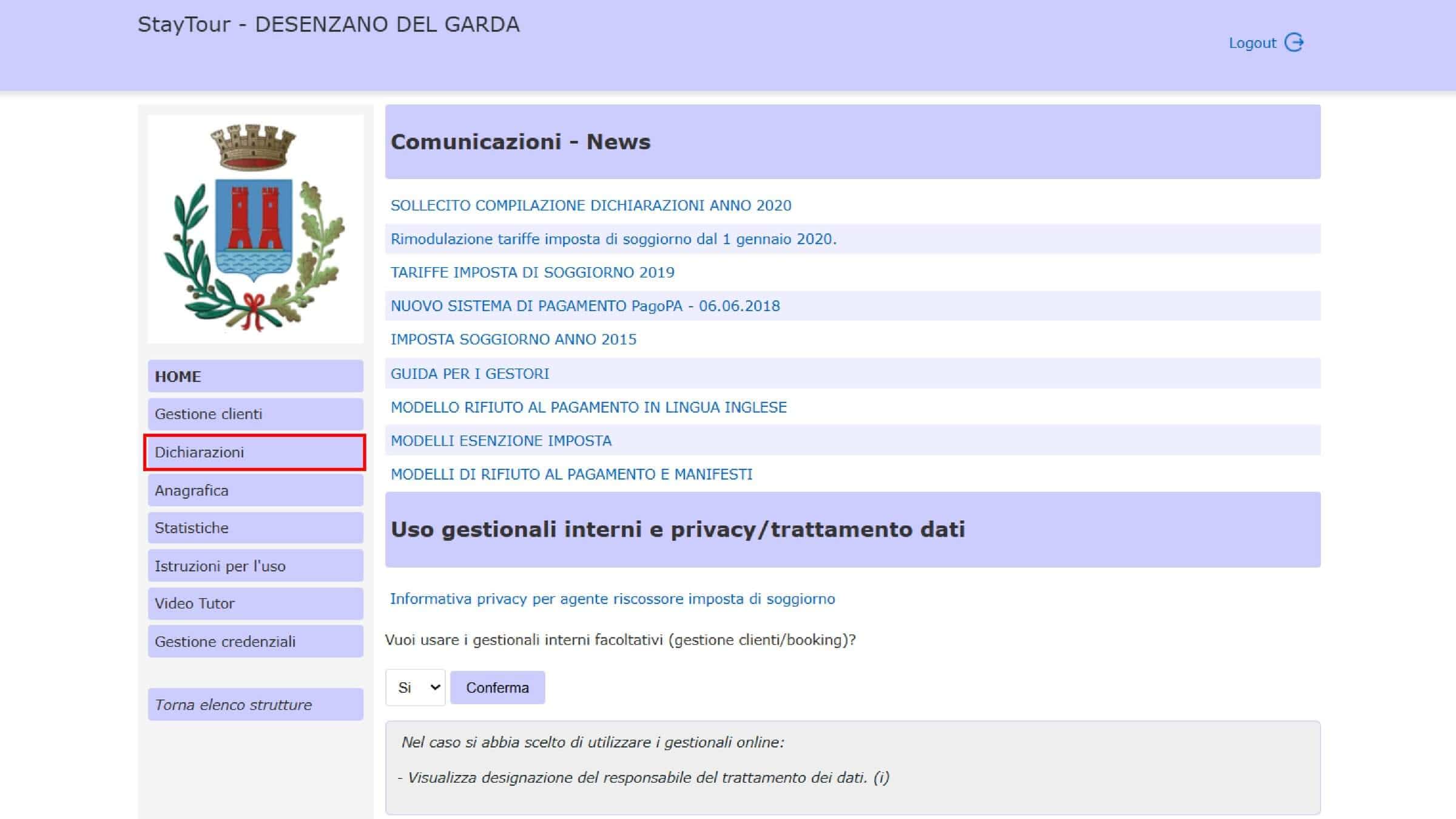 Menüpunkt Dichiarazioni im Portal