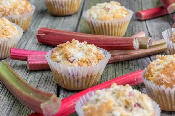 Freshly baked honey rhubarb muffins made with honey and chopped rhubarb
