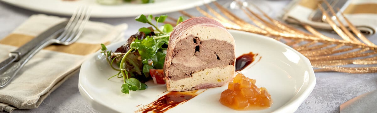 Game terrine with a chicken and pistachio mousse