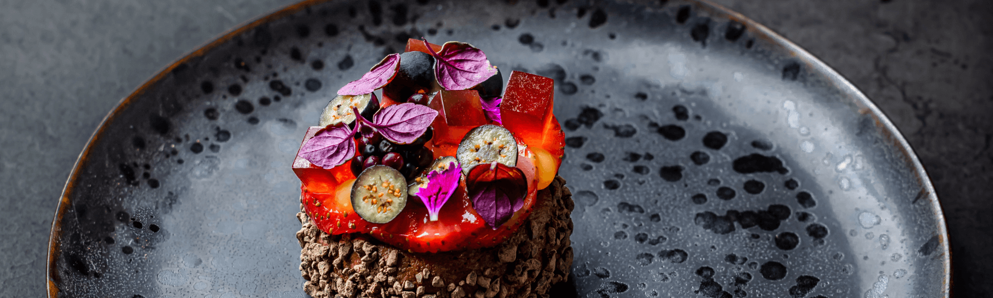 Crimson Red mousse, Rose Blush gelee and berries dessert