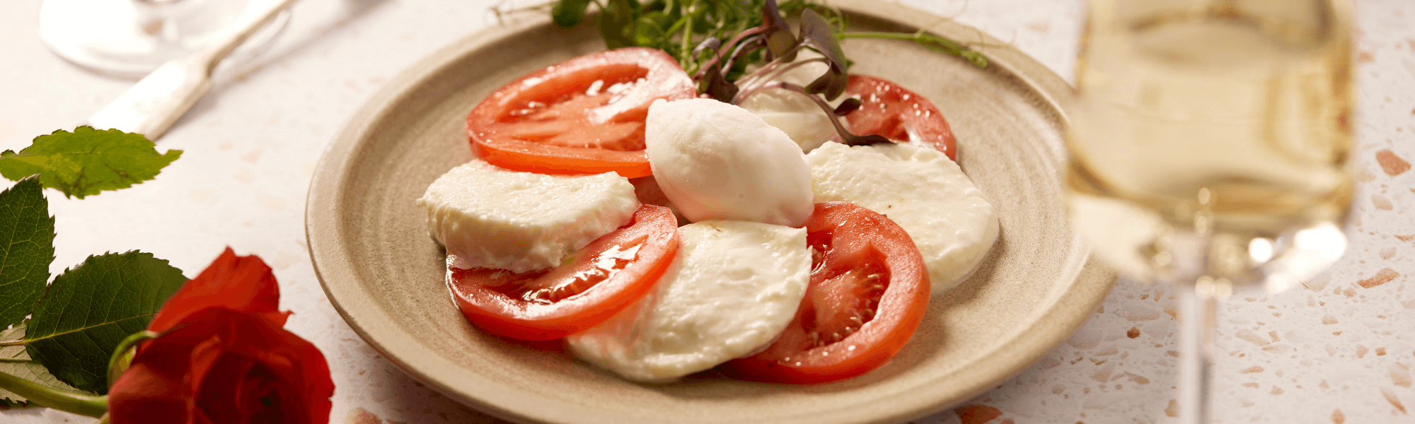 Caprese salad with lemon, yuzu and olive oil sorbet