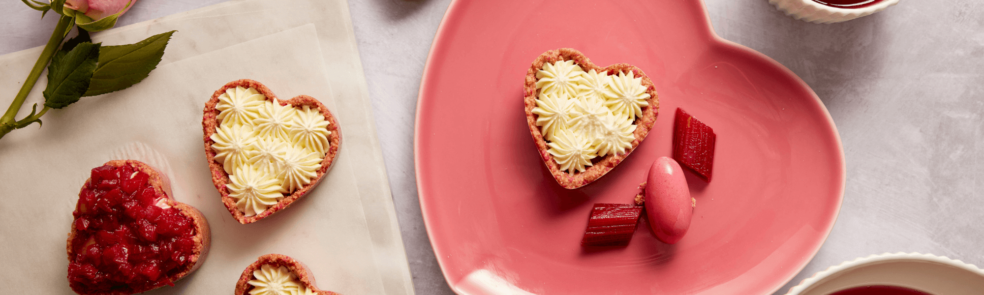 Raspberry, rhubarb and white chocolate hearts