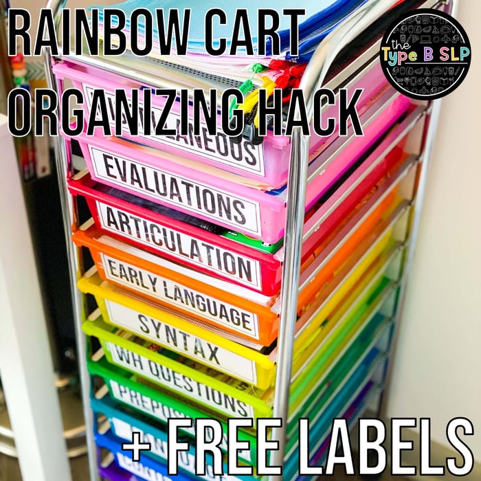 Rainbow Cart Storage Hack for SLPs (+ free labels!)