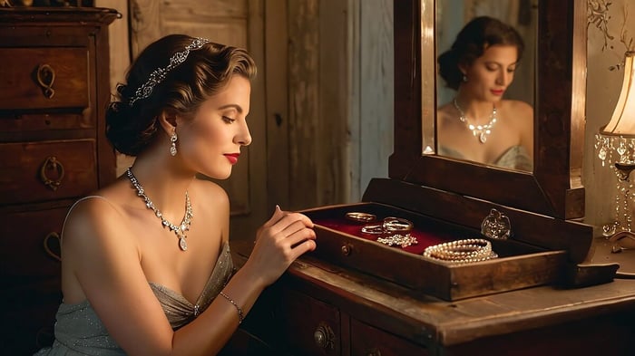A woman sitting in front of her mirror, she is looking at her colletion of real diamond jewellery
