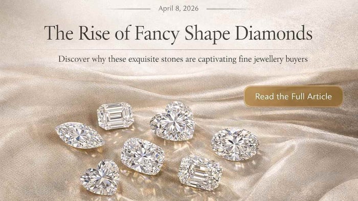 Fancy shape loose diamonds arranged on champagne silk with editorial text overlay reading The Rise of Fancy Shape Diamonds