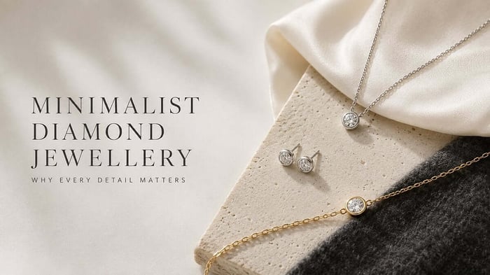 Minimalist natural diamond pendant, stud earrings and solitaire bracelet arranged on ivory and charcoal surfaces.