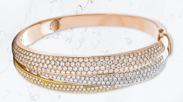 All Diamond's Pave Set Diamond Bangle: 7.80ct G/SI Diamond in 18k 3 Tone Gold
