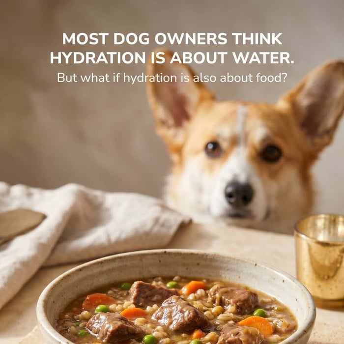 The moisture Gap. An image featuring a Corgi dog and a delicious home-cooked meal with a title that reads 