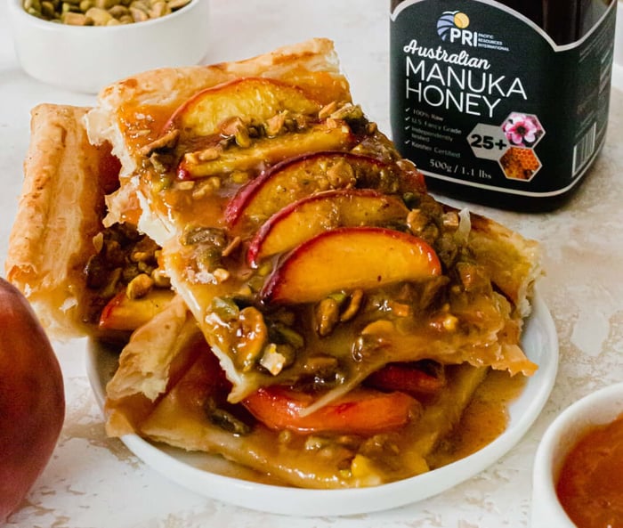 Peach Pistachio Cardamom Honey Tart