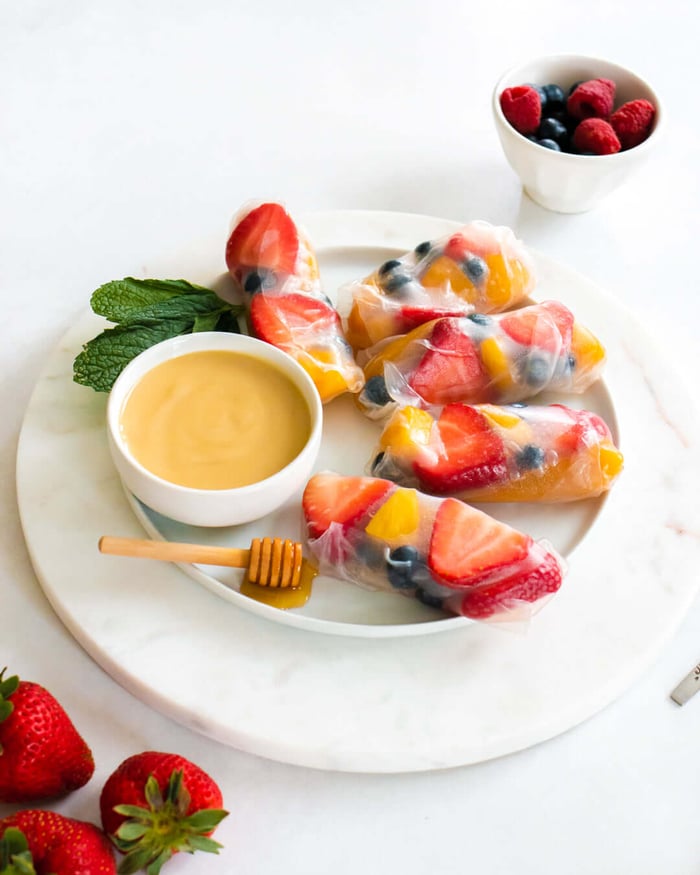 Fruit Salad Spring Rolls with Honey Tahini Sauce