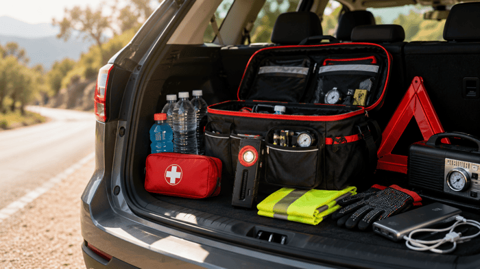 summer road trip emergency kit checklist with rechargeable flashlight and roadside safety gear