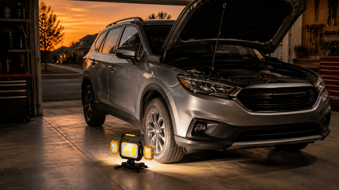 Summer car maintenance checklist showing an SUV with its hood open and a portable work light in a garage at dusk.