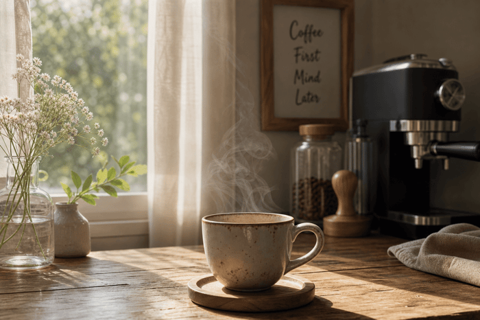 A cozy kitchen corner with a steaming coffee mug.