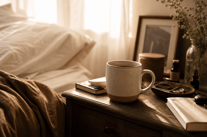 Cozy morning scene with a coffee mug on a nightstand