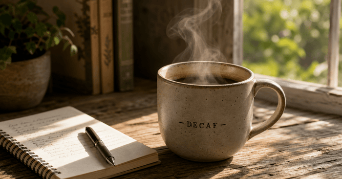 Steaming mug of decaf coffee beside a notebook.