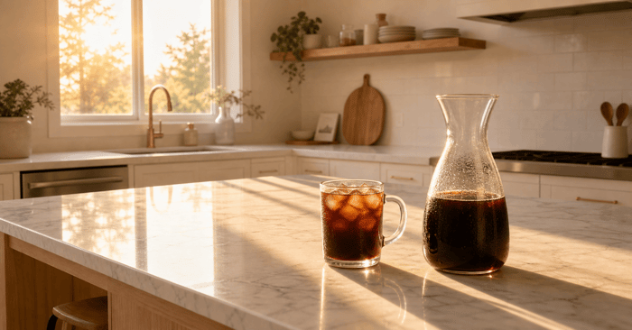 A sunlit kitchen with iced coffee on marble counter.