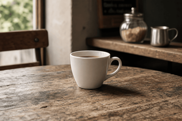 White coffee cup on a rustic table.