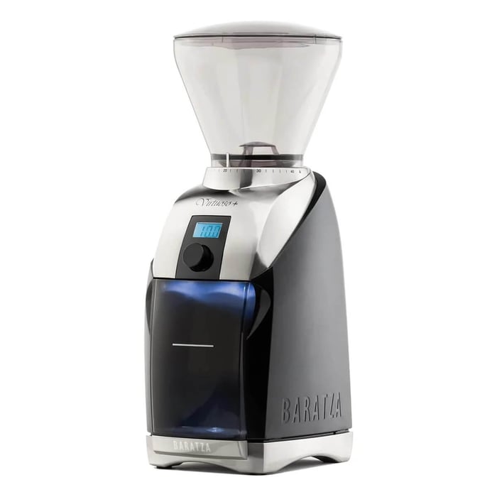 Sleek black-and-silver coffee grinder.