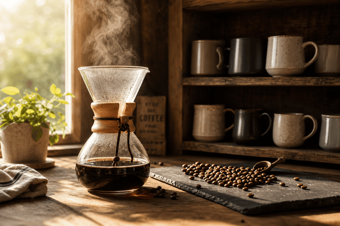 Coffee maker beside coffee beans and mugs.