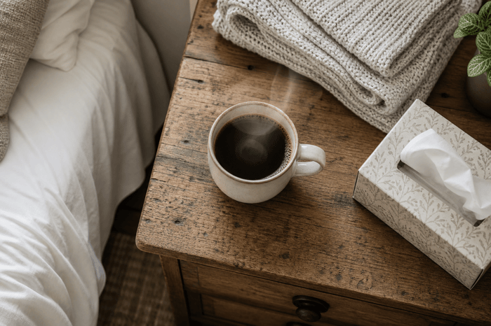 Cup of coffee on rustic wooden bedside table.