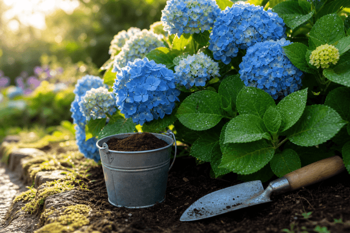 Garden scene with blue flowers, soil bucket, and trowel on the ground