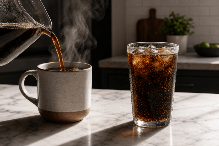 Hot Coffee being poured beside iced cola.