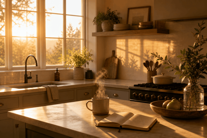 Kitchen bathed in warm sunrise light with steaming coffee