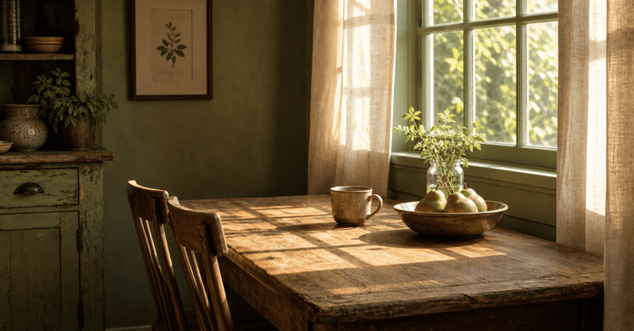 Coffee cup beside sunlit kitchen window