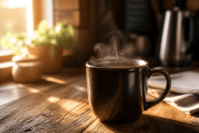 Steaming cup of coffee in cozy, sunlit kitchen ambiance.