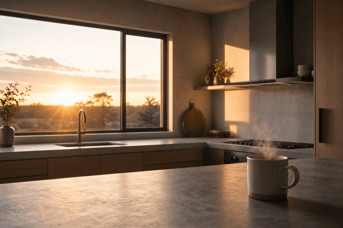 Sunlit kitchen with a steaming mug on the counter.